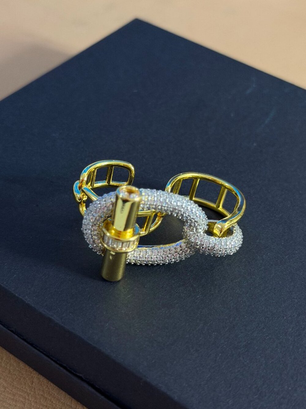 Two-Tone Gold Ring with White CZ Stones - 2 in 1 Adjustable Rings